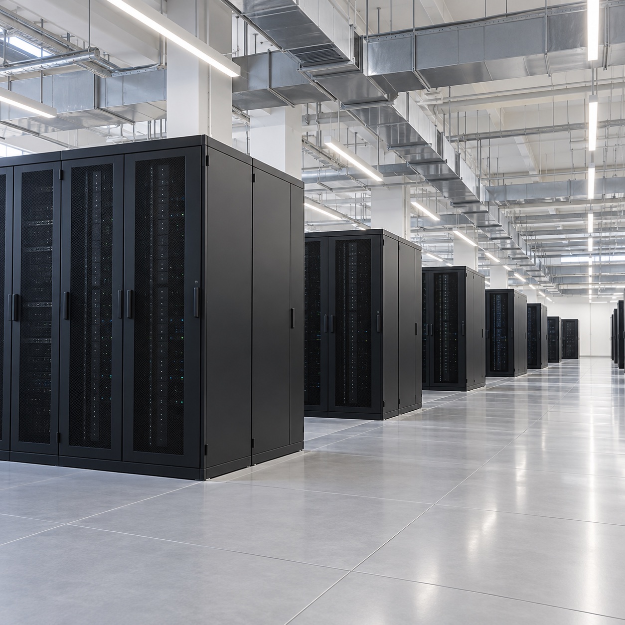 A bright, orderly data hall with closed server cabinets and enclosed overhead services